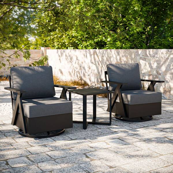 3-Piece Black Aluminum Swivel Outdoor Rocking Chair with Gray Cushion, Patio Conversation Set with Coffee Table