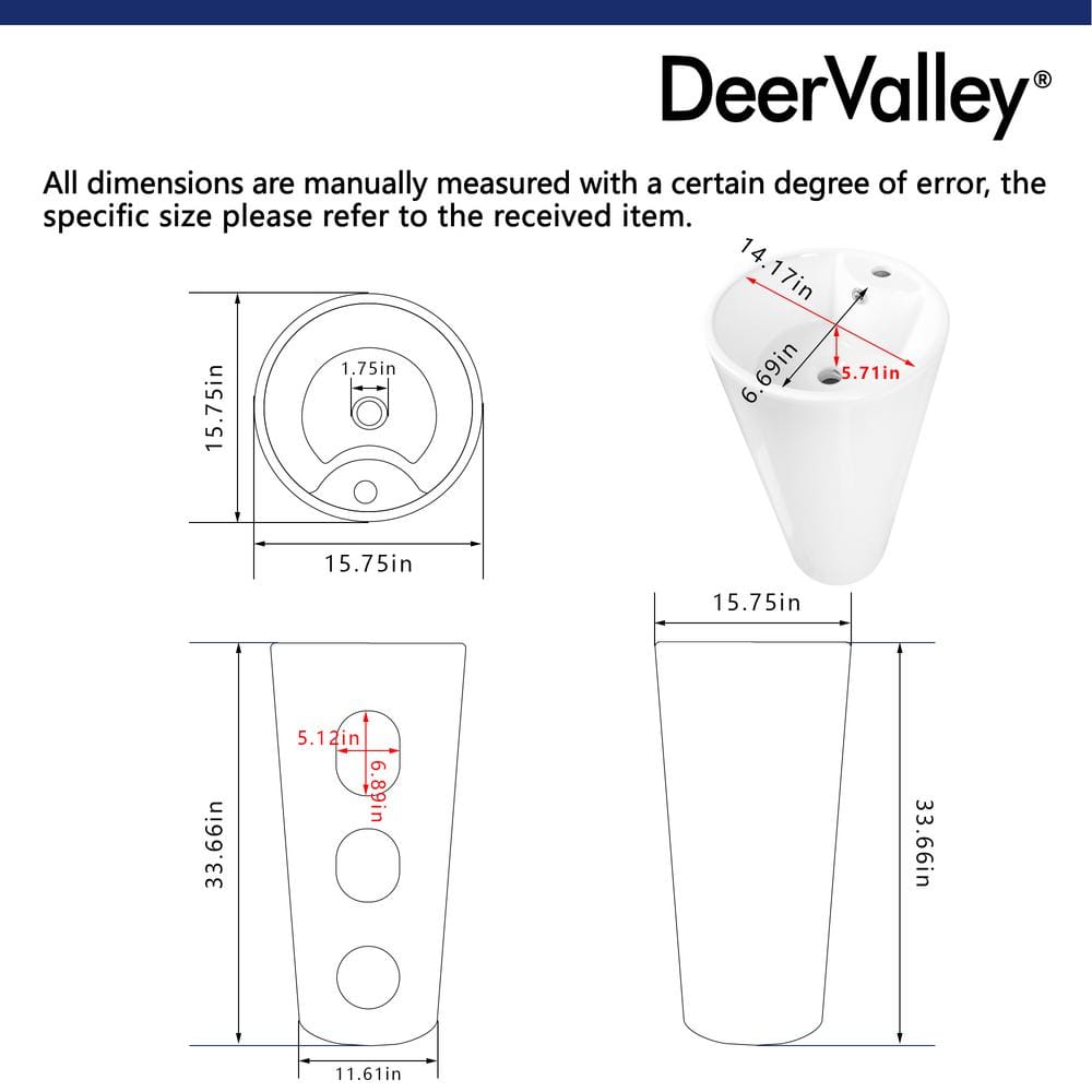 33.66" Tall White Ceramic Pedestal Bathroom Sink
