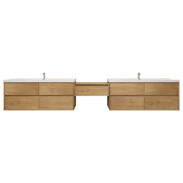 Kingdee 147 in. W x 20 in. D x 26 in. H Double Sink Middle Table Counter Bath Vanity in Teak Oak with White Acrylic Top