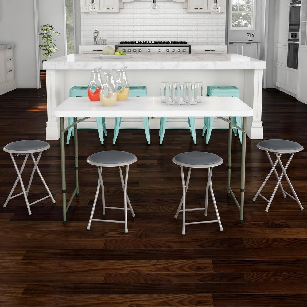 Gray 18-Inch Steel Folding Bar Stools with Padded Seats, Set of 4