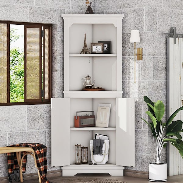 White Wood 69.4 in. H Tall Corner Storage Cabinet with Doors and Open Shelves