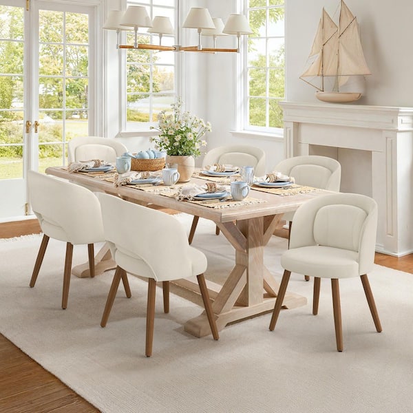 Modern Beige Fabric Upholstered Solid Wood Legs Dining Chair with Detachable Pillow (Set of 6)