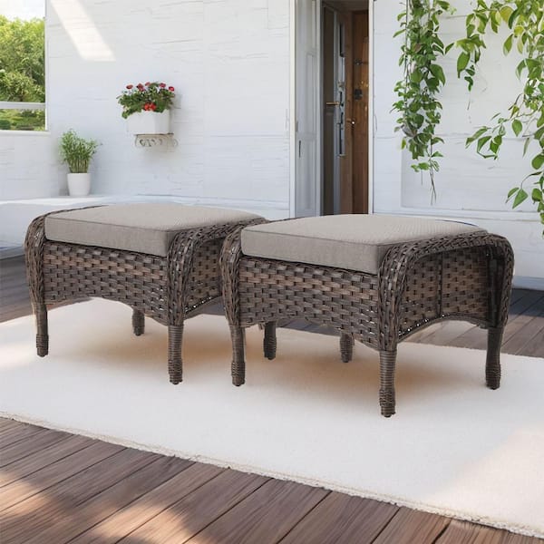 Gymojoy Carlos Brown Wicker Outdoor Ottoman with Gray Cushions