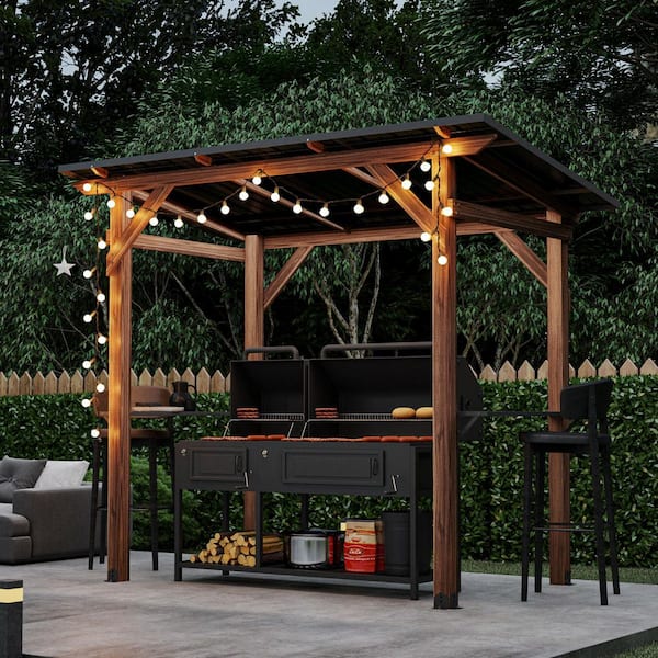 FUFU&GAGA 8.6 ft. x 5 ft. Cedar Wood Outdoor Grill Bar Gazebo with