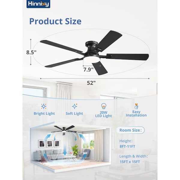 HINNIXY 52 in. Smart Indoor Black Flush Mount Ceiling Fan