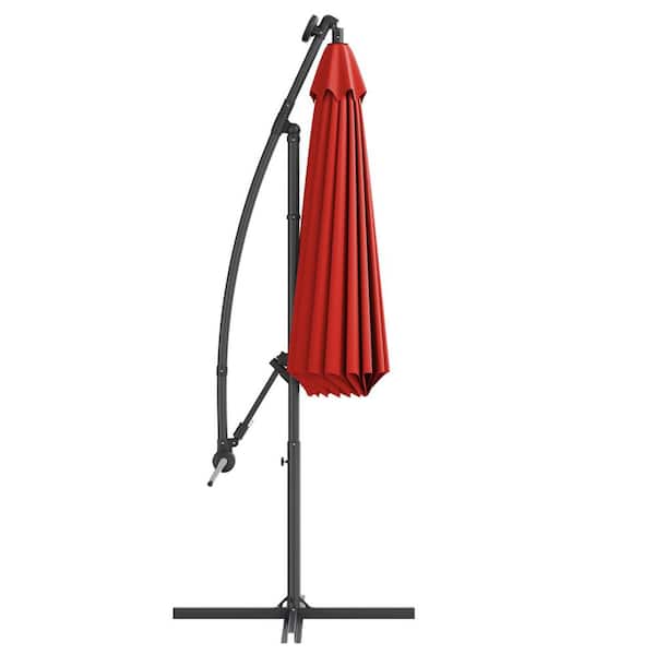 Gymax 10 ft. Metal Market Offset Hanging No Tilt Patio Umbrella with 32-Solar LED Lights in Burgundy