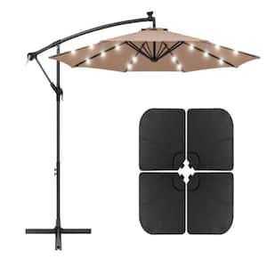 10 ft. Offset Cantilever Patio Umbrella with LED Lights in Tan with Cantilever Umbrella Base Set (4-Piece)