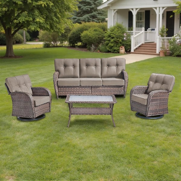 Modern Seaside 4-Piece Patio Wicker Outdoor Conversation Set Rocking Chair Swivel Glide with Table and Gray Cushions