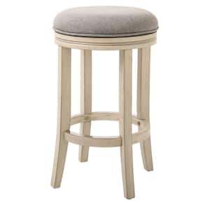 Victoria 26 in. Distressed Ivory Backless Wood Swivel Counter Stool with Upholstered Gray Seat, 1-Stool