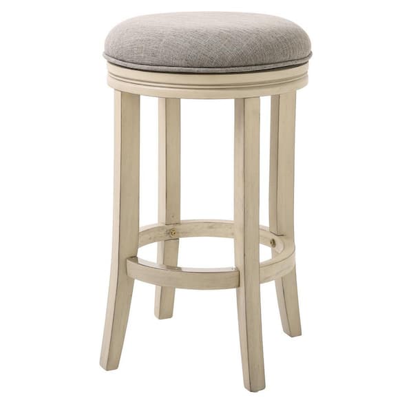 NewRidge Home Goods Victoria 26 in. Distressed Ivory Backless Wood Swivel Counter Stool with Upholstered Gray Seat, 1-Stool