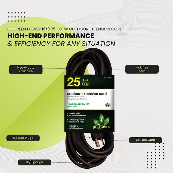 GoGreen Power 25 ft. 16/3 Heavy Duty Extension Cord - Black GG