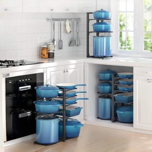 8-Tier Black Standing Pot Rack, Pots and Pans Organizer for Cabinet with 3 Methods, Adjustable Pot Rack under Cabinet