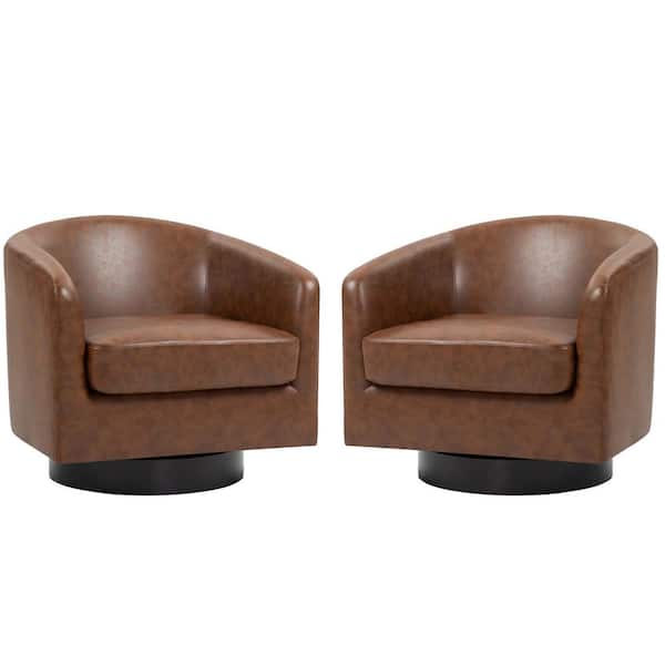 Coffee PU Leather Upholstered 360° Swivel Accent Barrel Chair with Wood Frame (Set of 2)