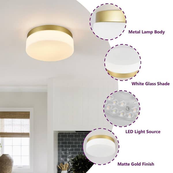 GMGSROM 11.4 in. LED Gold Flush Mount With Milky White Glass Shade