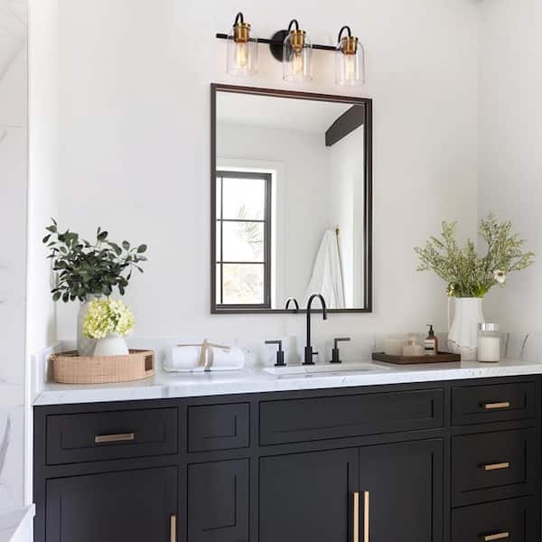 21 in. 3-Light Black Bathroom Vanity Light Modern Vintage DIY Brass Bath Light Clear Glass Farmhouse/Rustic Wall Sconce