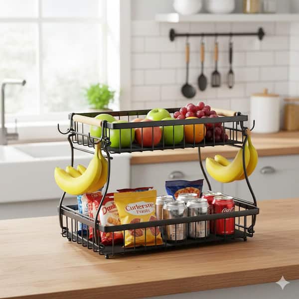 2 Piece Detachable 2 Tier Fruit Basket with 4 Banana Hangers Large Capacity Kitchen Countertop Organizer Set
