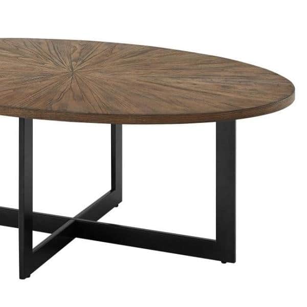 Industrial Oval Coffee Table with Sunburst Ash Veneer and Iron Base