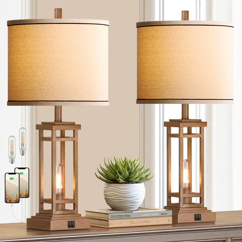 27.5 Tall Farmhouse Table Lamps with USB C Plus USB A Charge Ports, Rustic End Lamps (Set of 2) for Bedroom, Wood Grain price history on PriceWatchPro