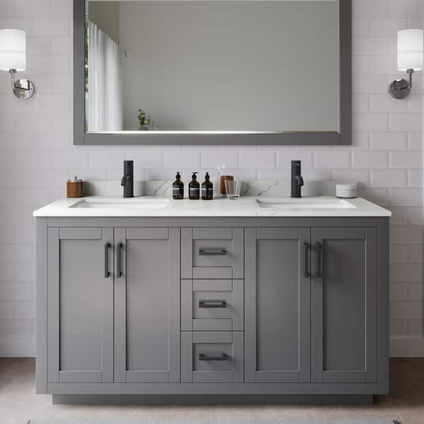 Wyndham Collection Miranda 60 in. W x 22 in. D x 33.75 in. H Double Bath Vanity in Dark Gray with Giotto Quartz Top and 58 in. Mirror