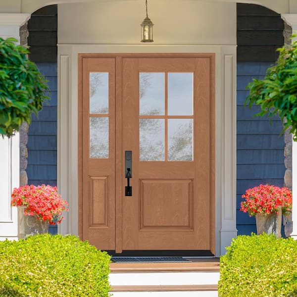 Regency 53 in. x 80 in. 1/2-4Lite Clear Glass RH AutumnWheat Stain Mahogany Fiberglass Prehung Front Door w/14in.SL