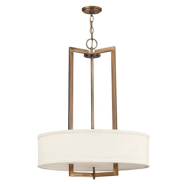 HINKLEY Hampton 3-Light Brushed Bronze Shaded Mini Pendant With Off-White Linen Hardback Shade