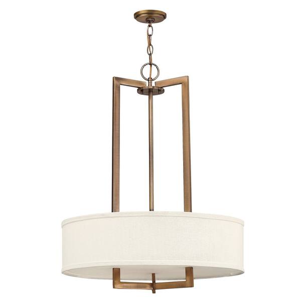 Hampton 3-Light Brushed Bronze Shaded Mini Pendant With Off-White Linen Hardback Shade