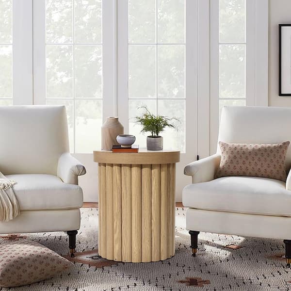 LuxenHome 15.7 in. Brown Wood Fluted Round Side Table LuxenHome 15.7 in. Brown Wood Fluted Round Side Table