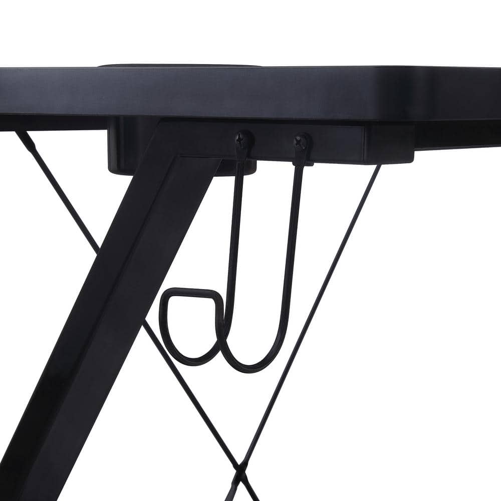 Black Gaming Desk with RGB LED Lights and Dual Monitor Shelf