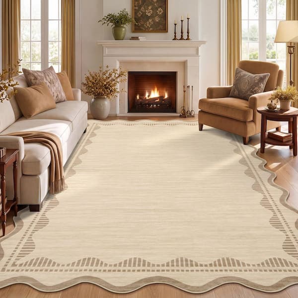 Linen Beige 8 x 10 ft. Fan-shaped Border Rug Washable Solid Color Ultra-thin and Foldable for Living Rooms Bedrooms