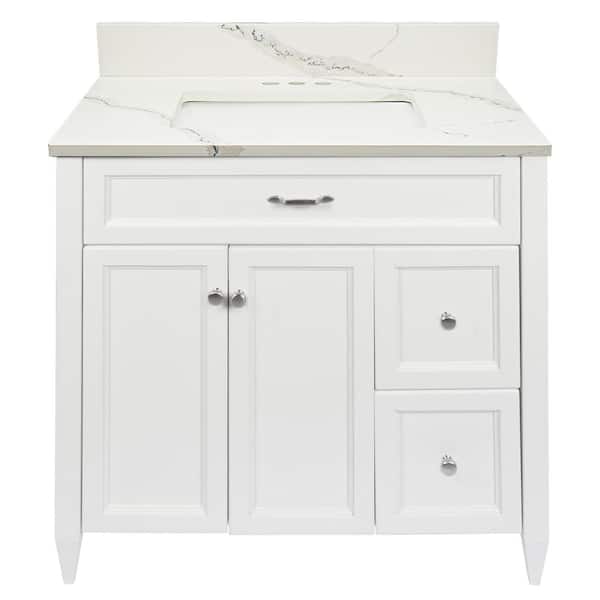 Vail 37 in. W x 22 in. D x 36 in. H Bath Vanity in White with Quartz Stone Calacatta White Top with White Basin