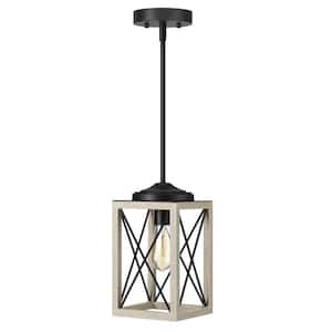 60-Watt 1-Light Farmhouse Pendant Light with Cream Wooden Grain Finish Shade, No Bulbs Included