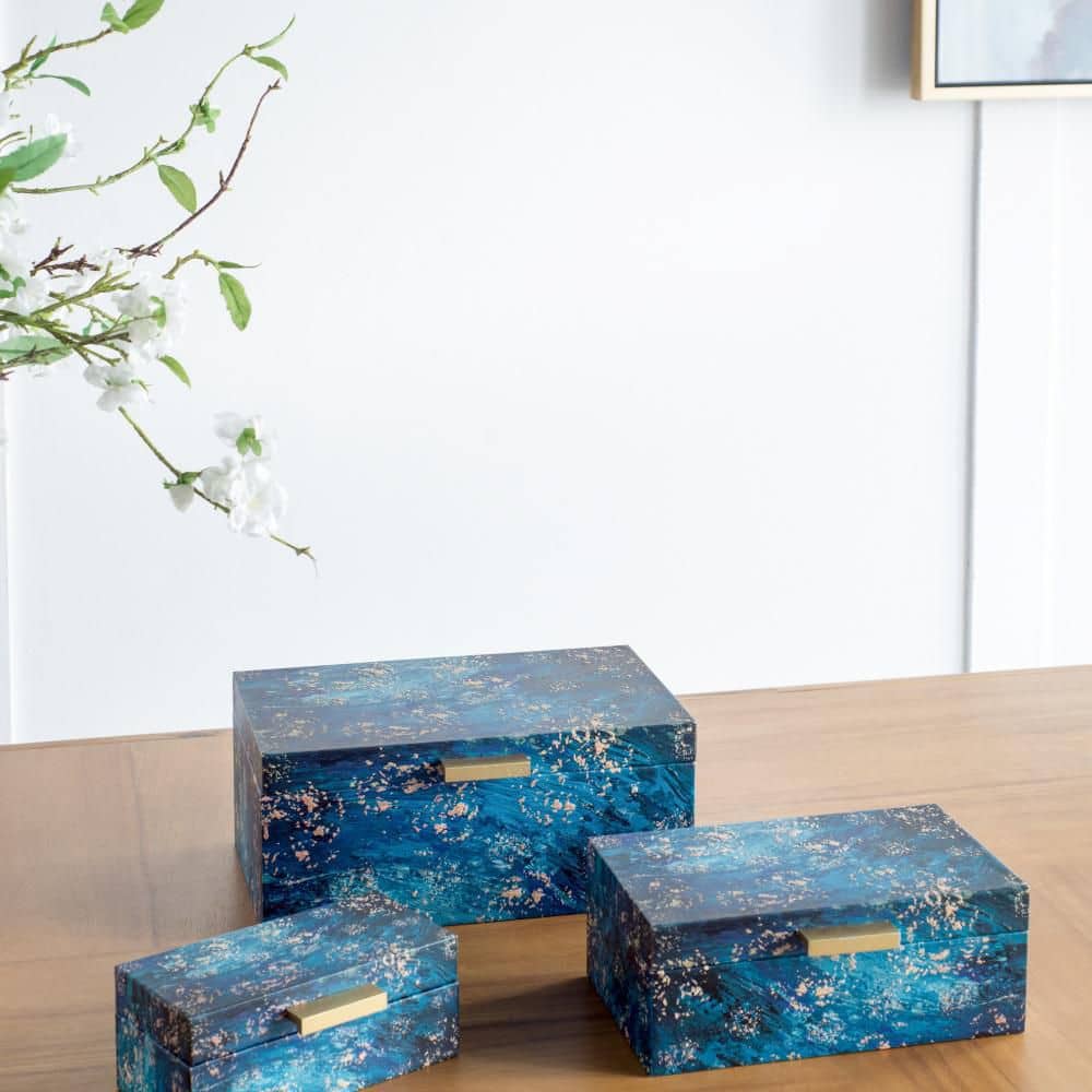 Set of 3 Rustic Blue Rectangular Wooden Decorative Boxes
