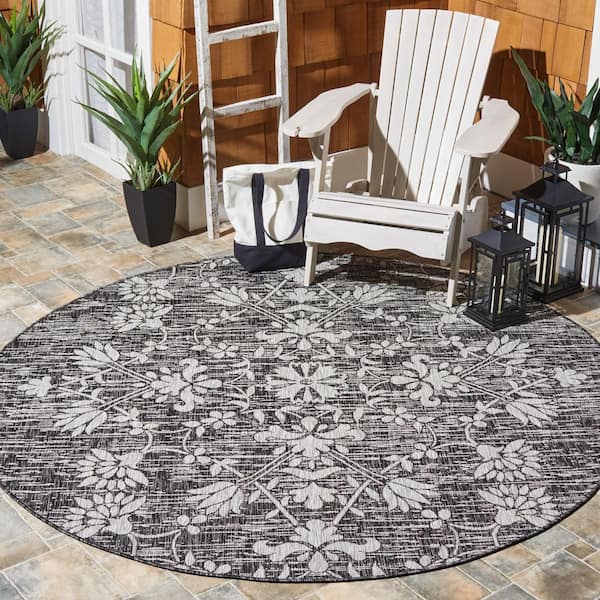Courtyard Black/Light Gray 7 ft. x 7 ft. Antique Floral Indoor/Outdoor Round Area Rug