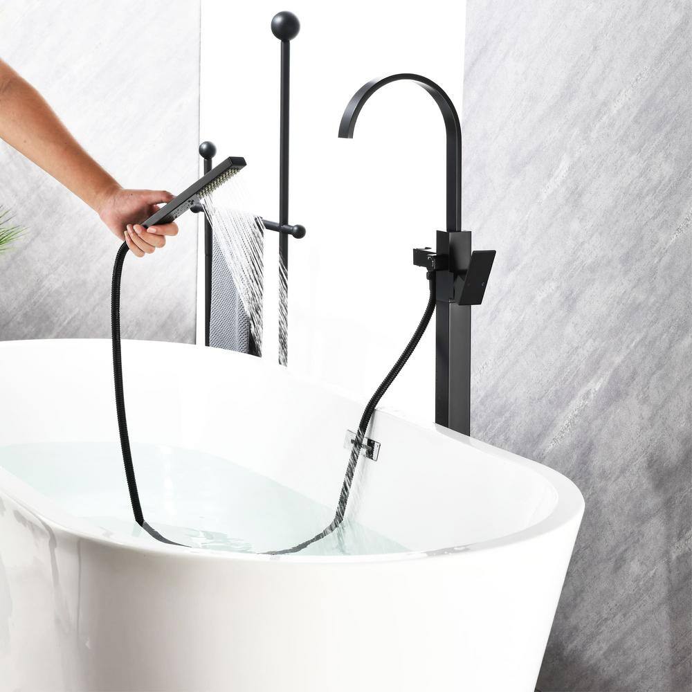 Matte Black Brass Freestanding Waterfall Tub Faucet with Hand Shower