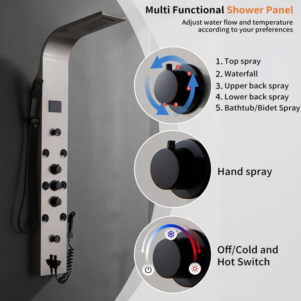 Black Nickel 8-Jet Rainfall Shower Panel System with LED Light
