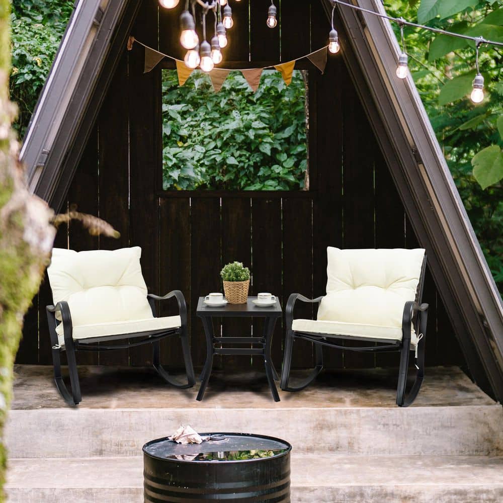 Black Metal and White Cushion 3-Piece Outdoor Rocking Chair Set