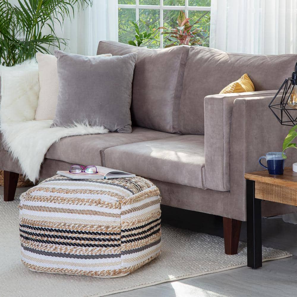 Arsenal Beige and Grayscale Square Pouf Ottoman