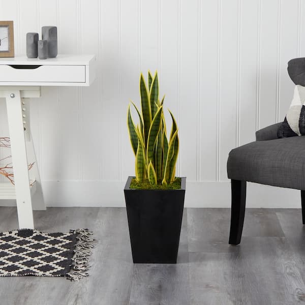 36 in. Green Yellow Sansevieria Artificial Snake Plant in Grey Pot