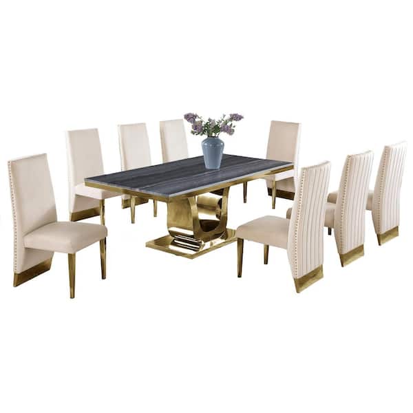 Best Quality Furniture Rogelio 9-Piece Dark Gray Marble Top with Gold Stainless Steel Base with 8 Cream Velvet Chair w/Gold Legs.