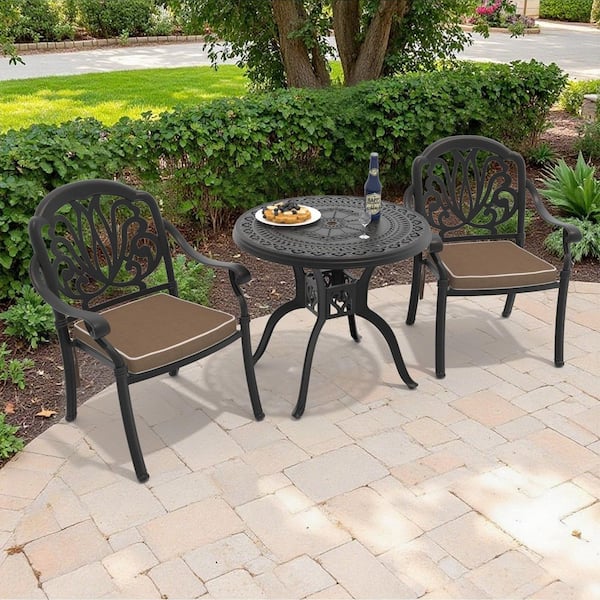 3-Piece Black Cast Aluminum Outdoor Dining Set with Brown Cushions