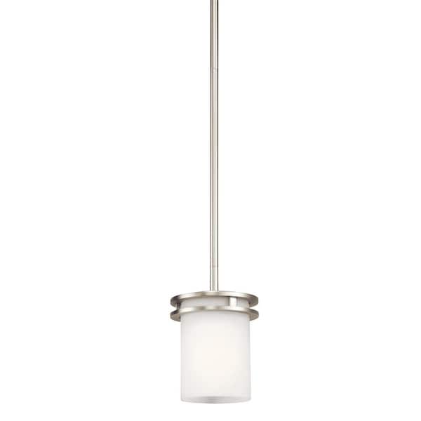 Hendrik 7.5 in. 1-Light Brushed Nickel Contemporary Shaded Kitchen Mini Pendant Hanging Light with Etched Glass