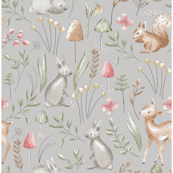 Forest Animals Grey Whimsical Wallpaper