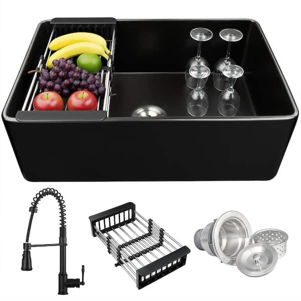 Black Fireclay 33 in. Single Bowl Apron-Front Kitchen Sink with Faucets and Basket Strainer