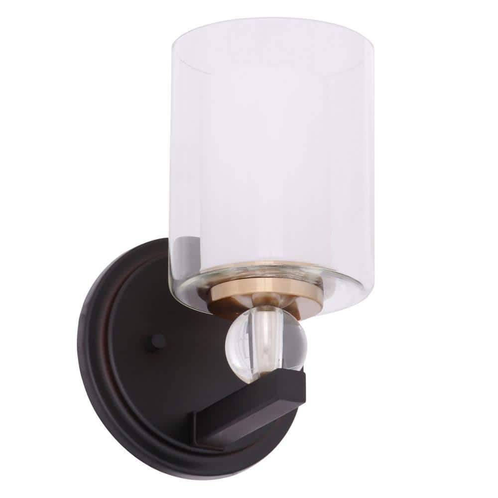 Bronze and Brass Cylinder Vanity Wall Sconce with Clear Glass