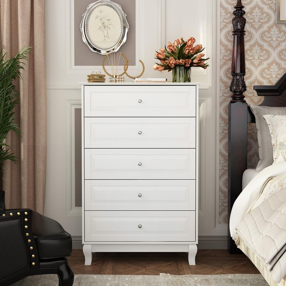 5-Drawer White Finish Wood Chest of Drawer Dresser Organizer 47.2 in H x 31.5 in. W x 15.7 in. D