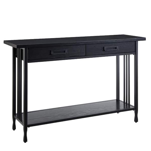 Leick Home Ironcraft 46 in. W x 14 in. D x 30 in. H Black Wash Rectangle Wood Top Console Hall Table with 2-Drawers and Shelf