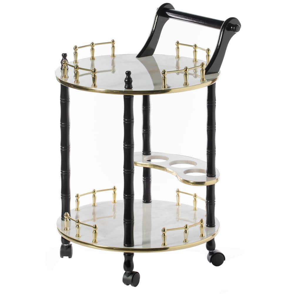 Black and Gold Round Wood Bar Cart with Wine Rack