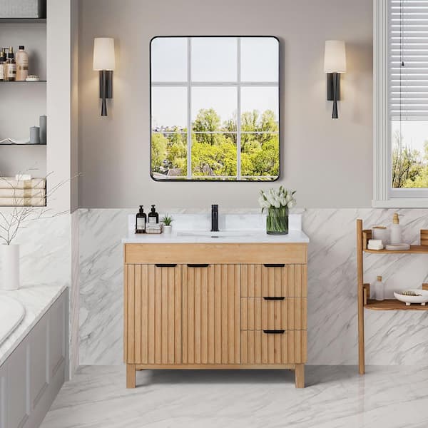 ROSWELL Palos 42 in. W x 22 in. D x 33.9 in. H Single Sink Bath Vanity in Fir Wood Brown with White GRain Stone Top