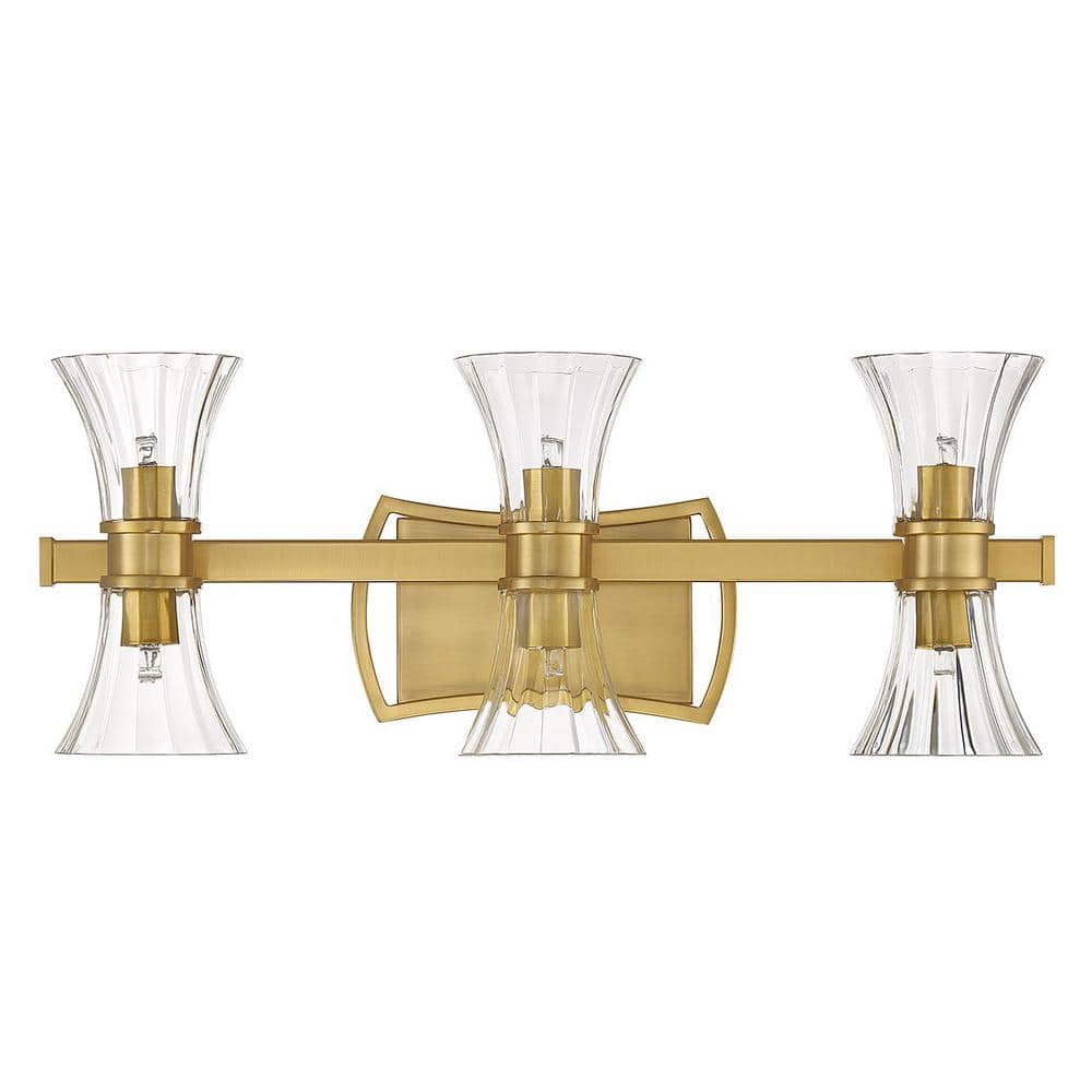 Warm Brass 6-Light Vanity with Clear Ribbed Glass Shades