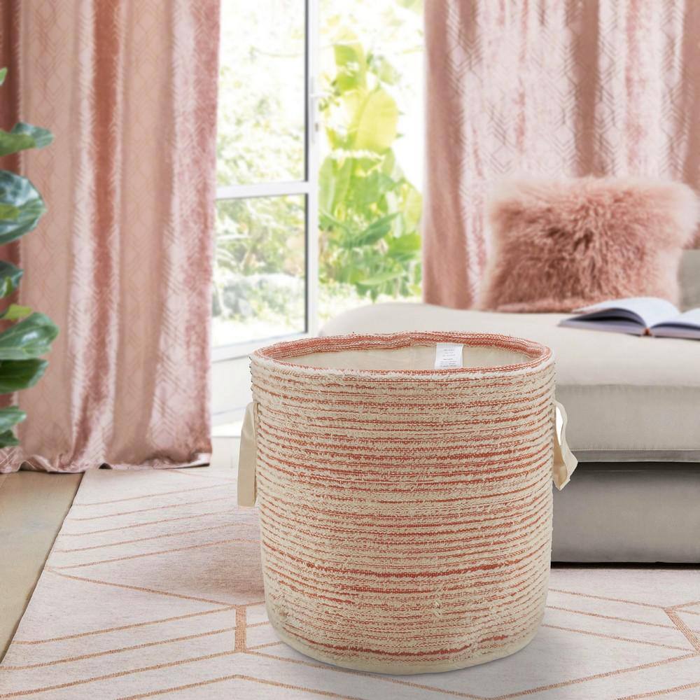 Handmade Coral and White Cotton Round Storage Basket